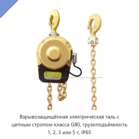 Взрывозащищённая электрическая таль с цепным стропом класса G80, грузоподъёмность 1, 2, 3 или 5 т, IP65
