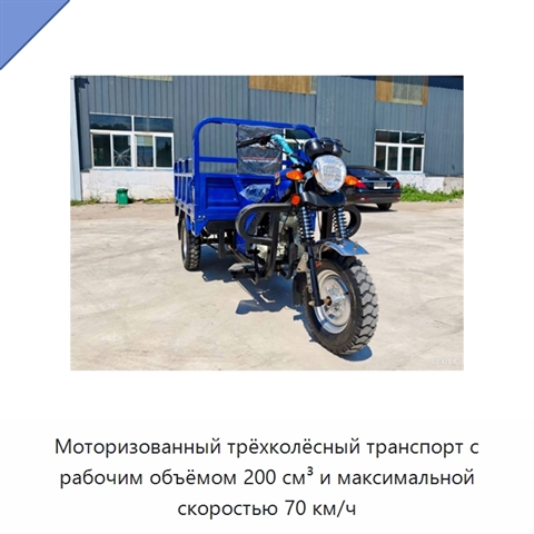 Моторизованный трёхколёсный транспорт с рабочим объёмом 200 см³ и максимальной скоростью 70 км/ч