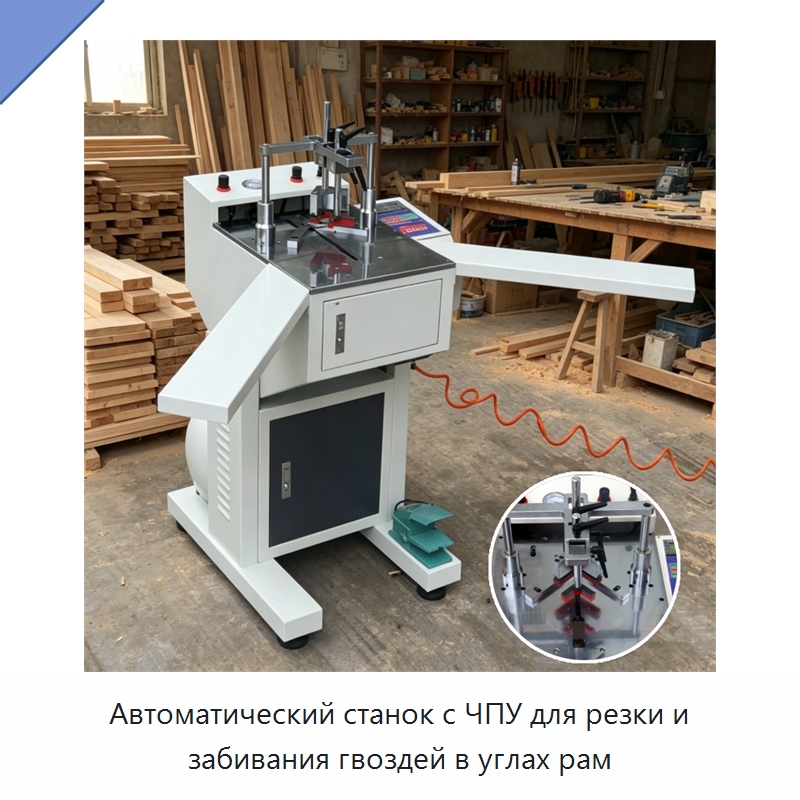 Автоматический станок с ЧПУ для резки и забивания гвоздей в углах рам — Специальное деревообрабатывающее оборудование