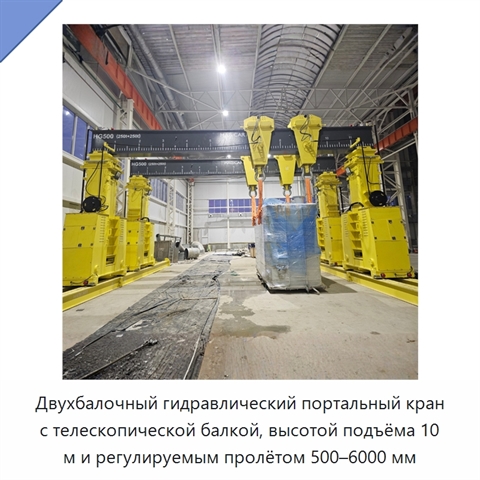Двухбалочный гидравлический портальный кран с телескопической балкой, высотой подъёма 10 м и регулируемым пролётом 500–6000 мм