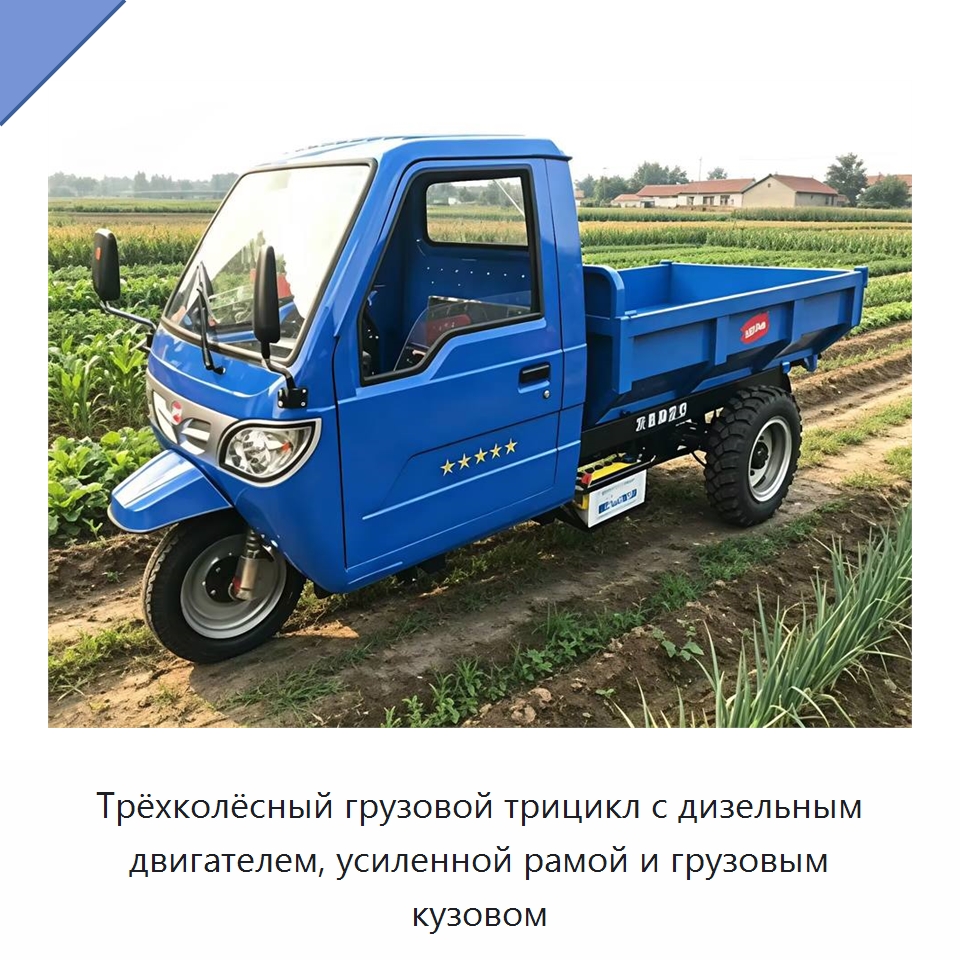 Трёхколёсный грузовой трицикл с дизельным двигателем, усиленной рамой и грузовым кузовом — Специальные сельскохозяйственные машины