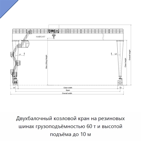 Двухбалочный козловой кран на резиновых шинах грузоподъёмностью 60 т и высотой подъёма до 10 м