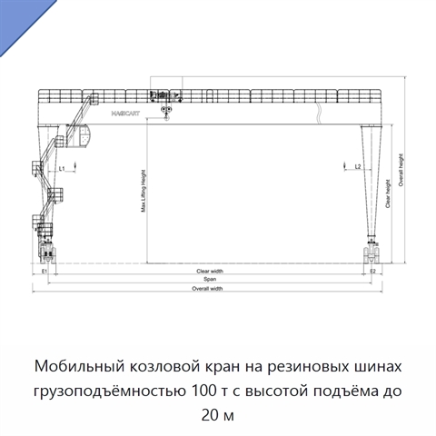 Мобильный козловой кран на резиновых шинах грузоподъёмностью 100 т с высотой подъёма до 20 м
