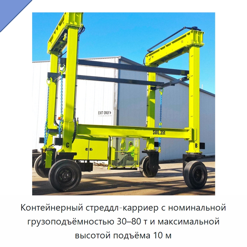 Контейнерный стреддл-карриер с номинальной грузоподъёмностью 30–80 т и максимальной высотой подъёма 10 м — Краны