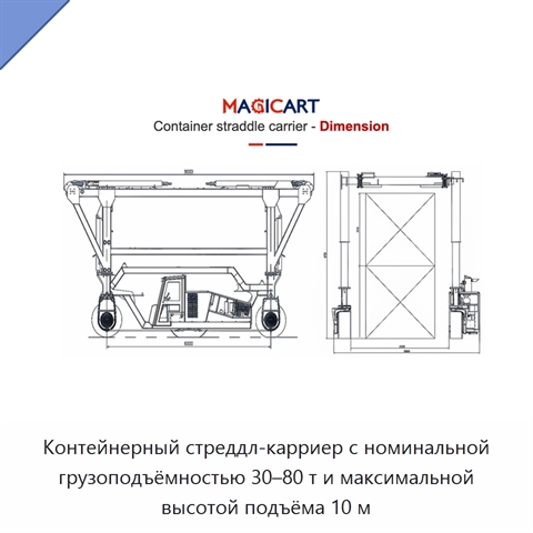 Контейнерный стреддл-карриер с номинальной грузоподъёмностью 30–80 т и максимальной высотой подъёма 10 м