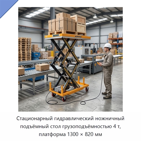 Стационарный гидравлический ножничный подъёмный стол грузоподъёмностью 4 т, платформа 1300 × 820 мм