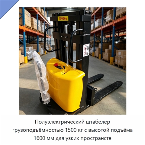 Полуэлектрический штабелер грузоподъёмностью 1500 кг с высотой подъёма 1600 мм для узких пространств