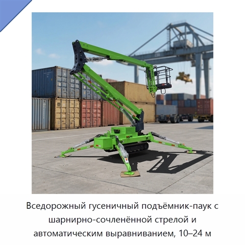 Вседорожный гусеничный подъёмник-паук с шарнирно-сочленённой стрелой и автоматическим выравниванием, 10–24 м