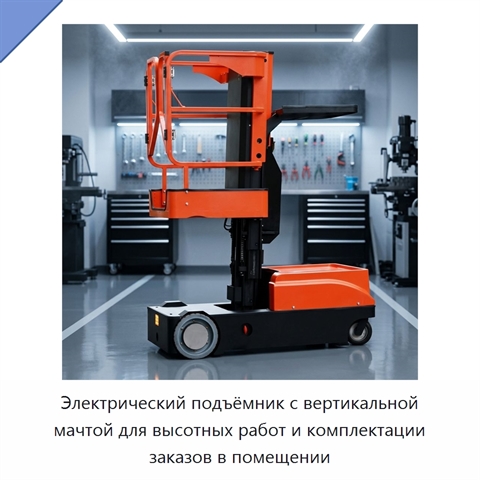 Электрический подъёмник с вертикальной мачтой для высотных работ и комплектации заказов в помещении