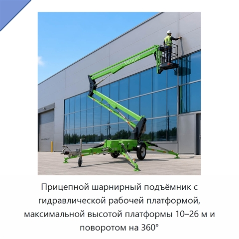 Прицепной шарнирный подъёмник с гидравлической рабочей платформой, максимальной высотой платформы 10–26 м и поворотом на 360°