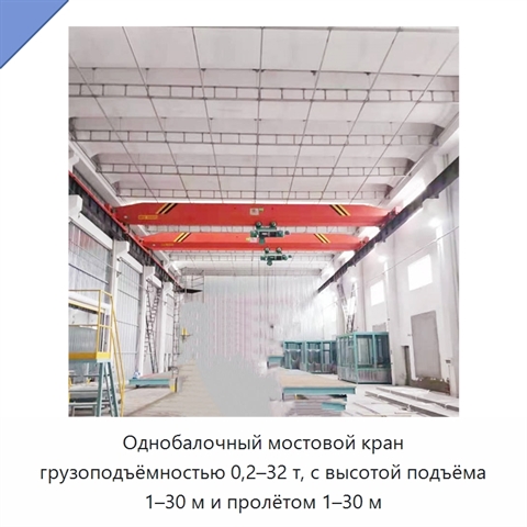 Однобалочный мостовой кран грузоподъёмностью 0,2–32 т, с высотой подъёма 1–30 м и пролётом 1–30 м