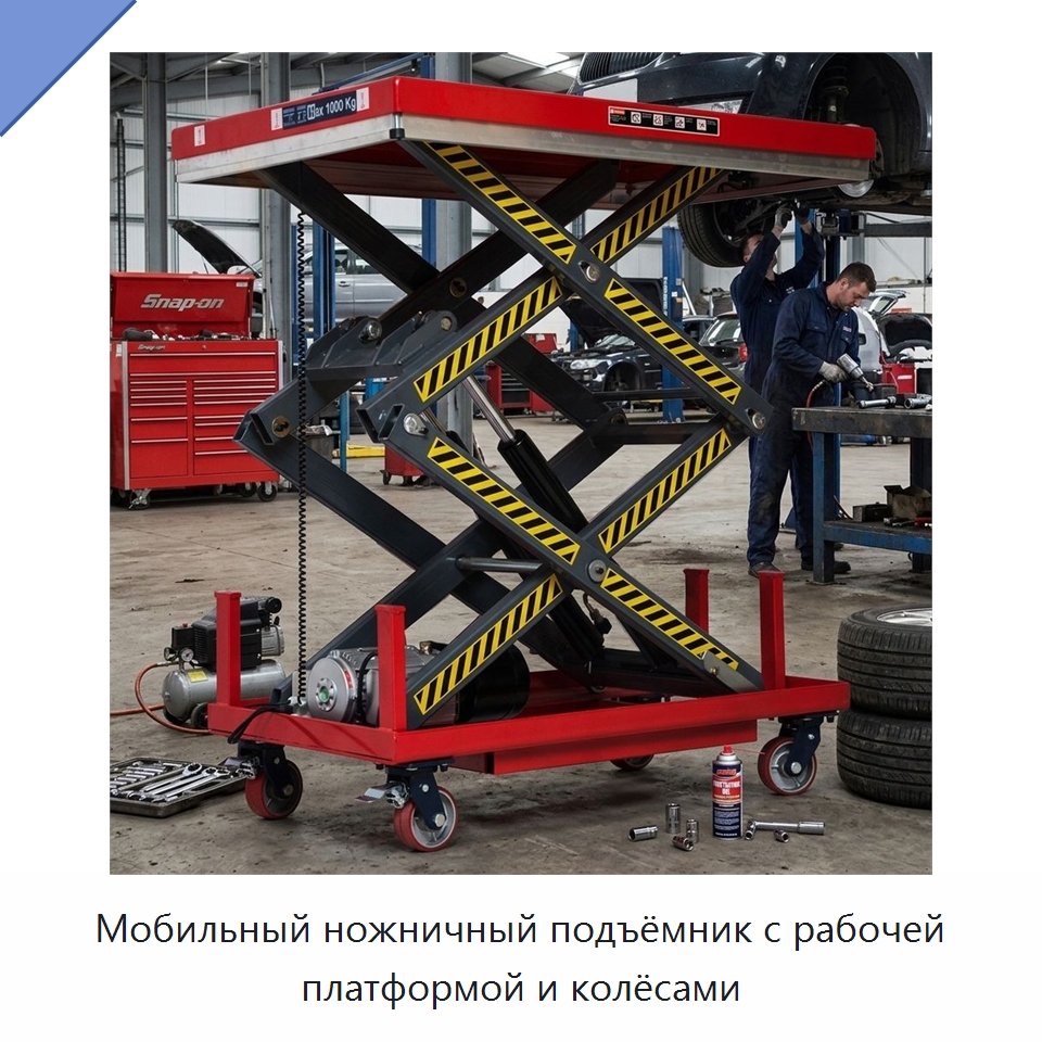 Мобильный ножничный подъёмник с рабочей платформой и колёсами — Подъемные столы