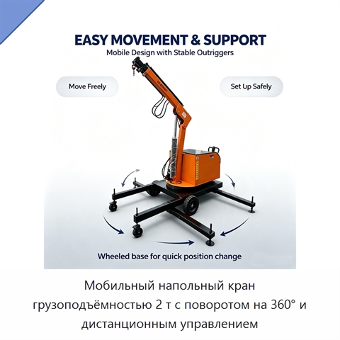 Мобильный напольный кран грузоподъёмностью 2 т с поворотом на 360° и дистанционным управлением