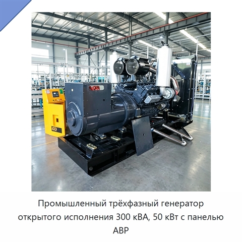 Промышленный трёхфазный генератор открытого исполнения 300 кВА, 50 кВт с панелью АВР