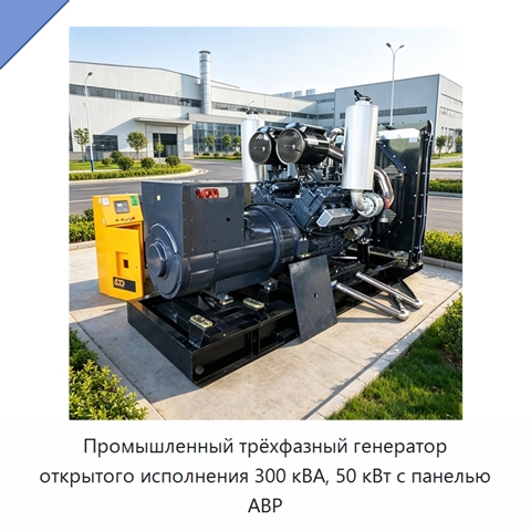 Промышленный трёхфазный генератор открытого исполнения 300 кВА, 50 кВт с панелью АВР