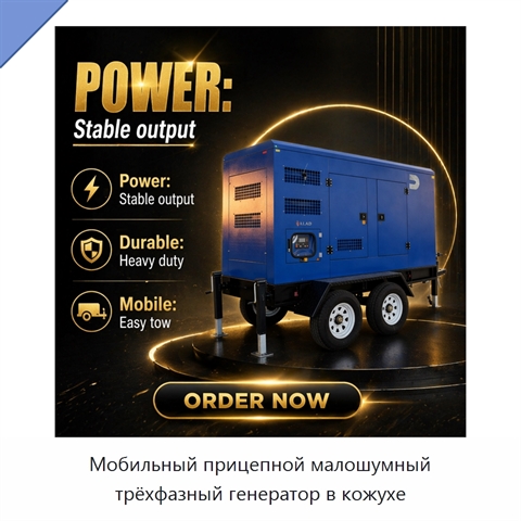 Мобильный прицепной малошумный трёхфазный генератор в кожухе