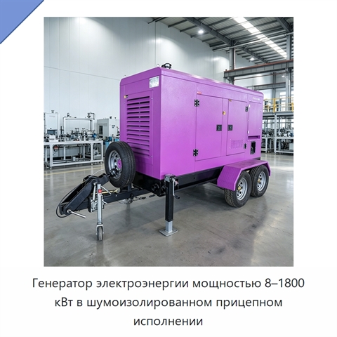 Генератор электроэнергии мощностью 8–1800 кВт в шумоизолированном прицепном исполнении