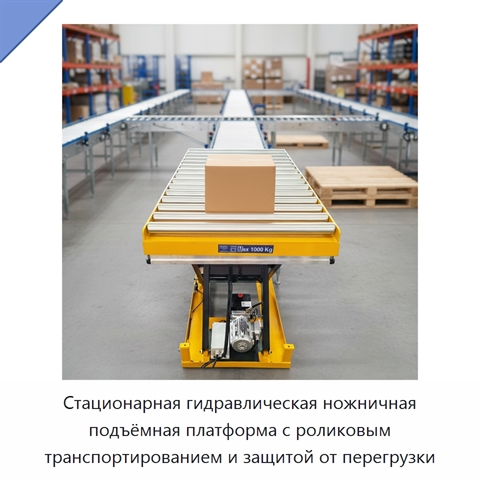 Стационарная гидравлическая ножничная подъёмная платформа с роликовым транспортированием и защитой от перегрузки