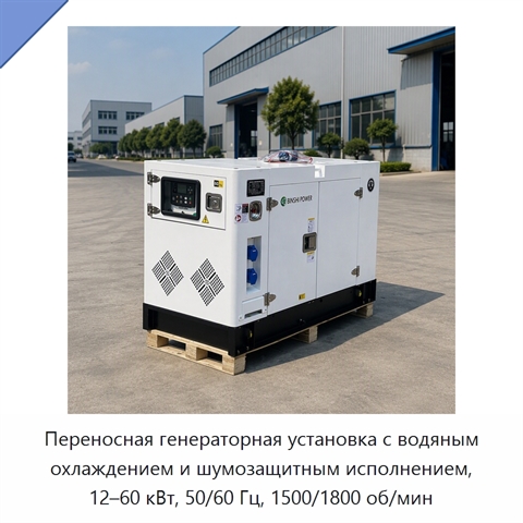 Переносная генераторная установка с водяным охлаждением и шумозащитным исполнением, 12–60 кВт, 50/60 Гц, 1500/1800 об/мин