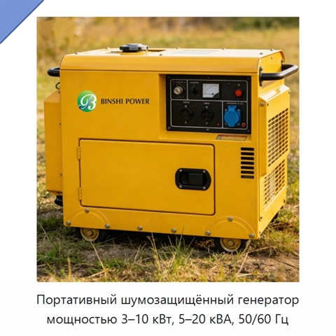 Портативный шумозащищённый генератор мощностью 3–10 кВт, 5–20 кВА, 50/60 Гц