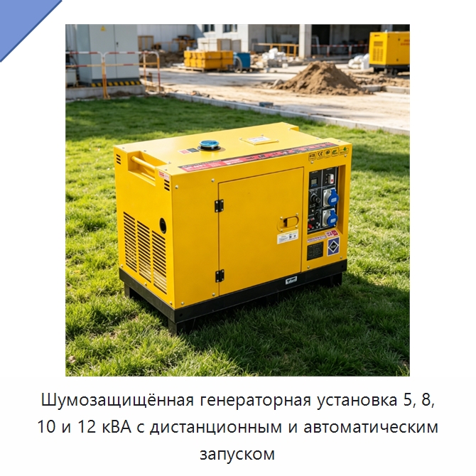 Шумозащищённая генераторная установка 5, 8, 10 и 12 кВА с дистанционным и автоматическим запуском — Дизельные генераторы