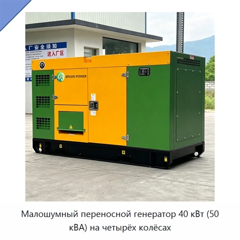Малошумный переносной генератор 40 кВт (50 кВА) на четырёх колёсах
