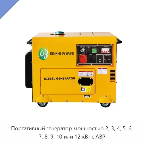 Портативный генератор мощностью 2, 3, 4, 5, 6, 7, 8, 9, 10 или 12 кВт с АВР