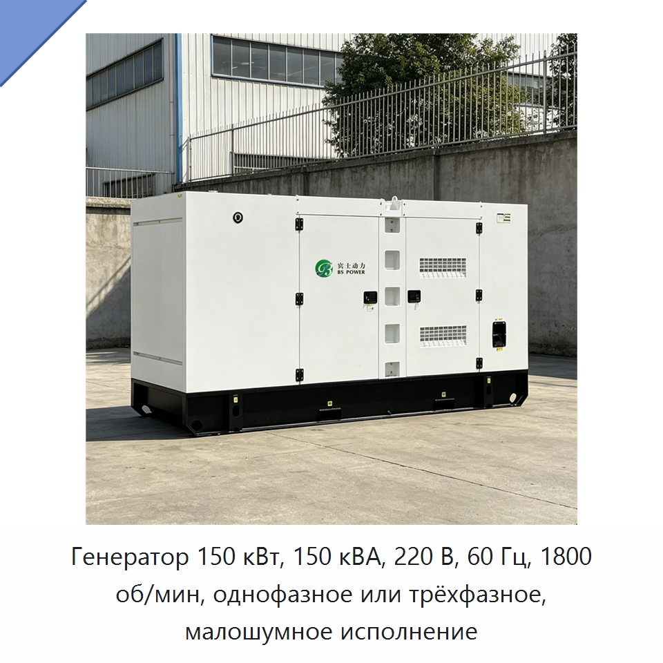 Генератор 150 кВт, 150 кВА, 220 В, 60 Гц, 1800 об/мин, однофазное или трёхфазное, малошумное исполнение — Дизельные генераторы