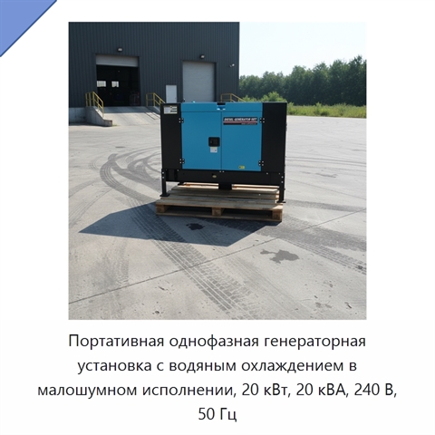 Портативная однофазная генераторная установка с водяным охлаждением в малошумном исполнении, 20 кВт, 20 кВА, 240 В, 50 Гц