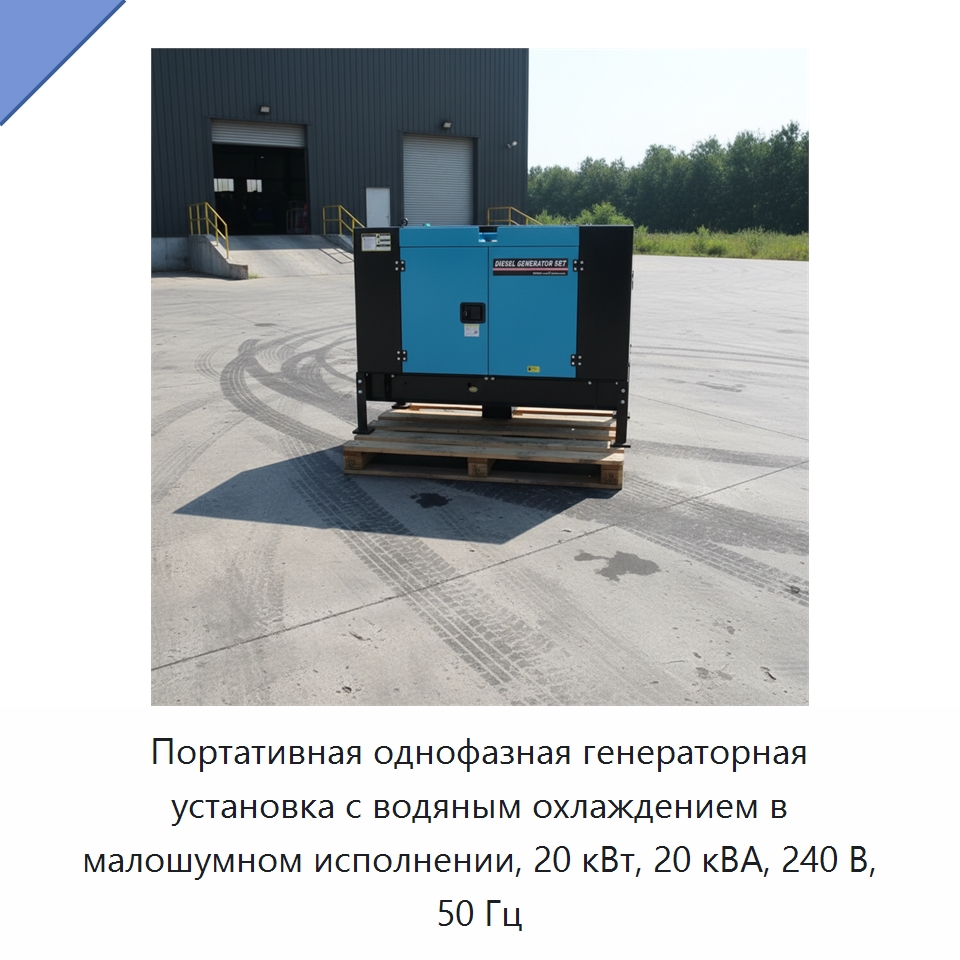 Портативная однофазная генераторная установка с водяным охлаждением в малошумном исполнении, 20 кВт, 20 кВА, 240 В, 50 Гц — Дизельные генераторы