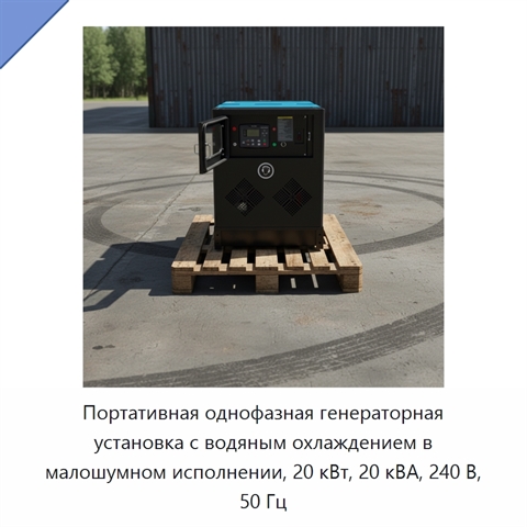 Портативная однофазная генераторная установка с водяным охлаждением в малошумном исполнении, 20 кВт, 20 кВА, 240 В, 50 Гц