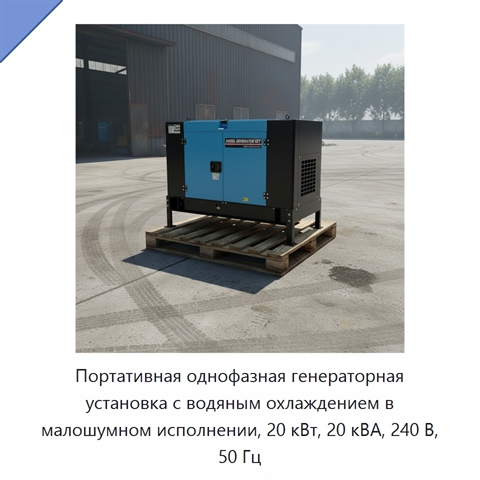 Портативная однофазная генераторная установка с водяным охлаждением в малошумном исполнении, 20 кВт, 20 кВА, 240 В, 50 Гц