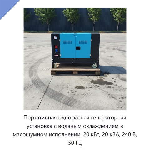 Портативная однофазная генераторная установка с водяным охлаждением в малошумном исполнении, 20 кВт, 20 кВА, 240 В, 50 Гц