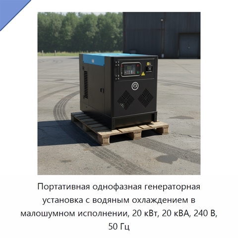 Портативная однофазная генераторная установка с водяным охлаждением в малошумном исполнении, 20 кВт, 20 кВА, 240 В, 50 Гц