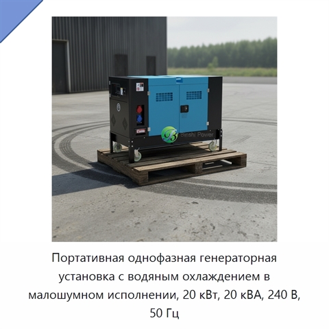 Портативная однофазная генераторная установка с водяным охлаждением в малошумном исполнении, 20 кВт, 20 кВА, 240 В, 50 Гц