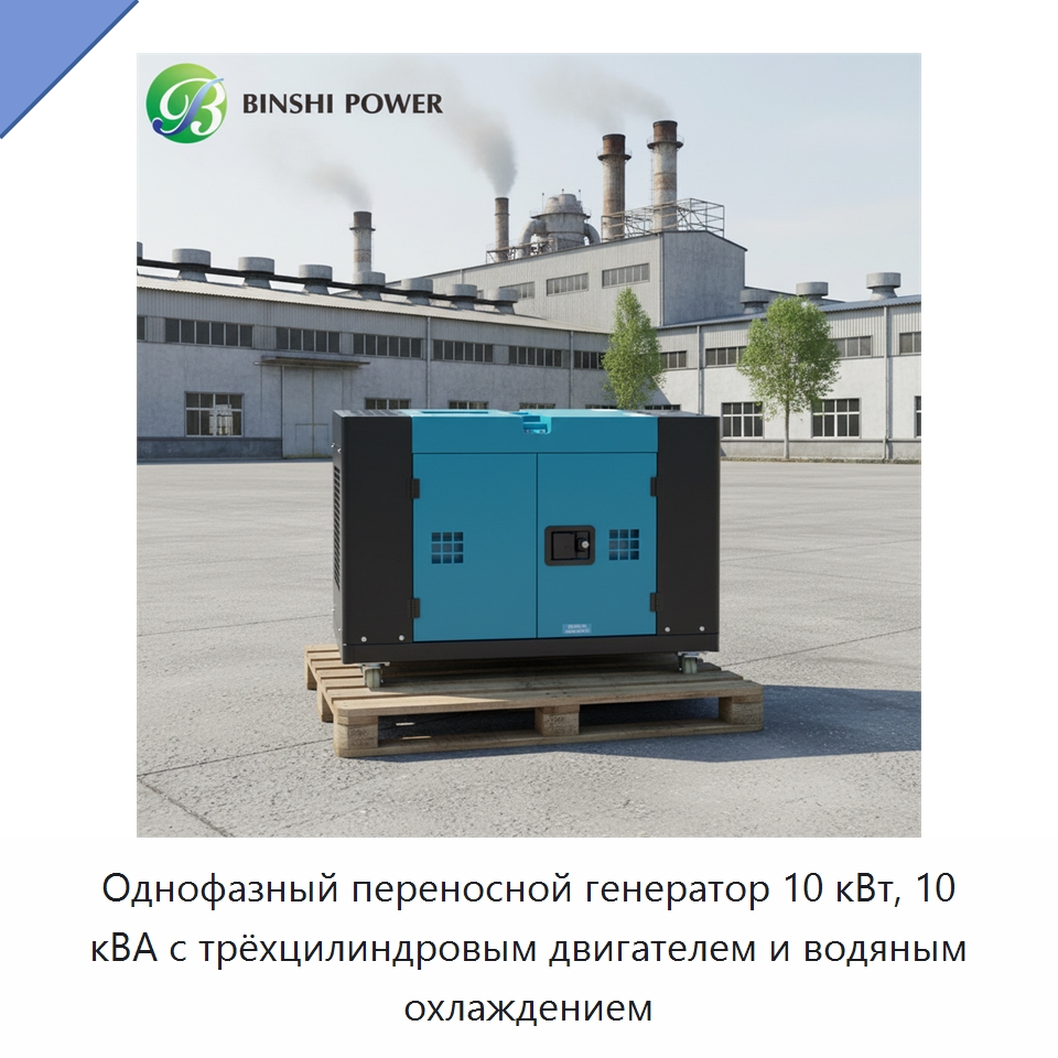 Однофазный переносной генератор 10 кВт, 10 кВА с трёхцилиндровым двигателем и водяным охлаждением — Дизельные генераторы