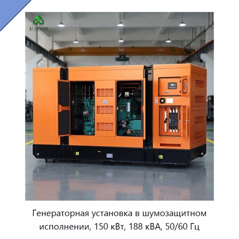 Генераторная установка в шумозащитном исполнении, 150 кВт, 188 кВА, 50/60 Гц