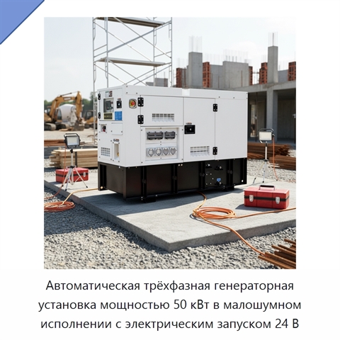 Автоматическая трёхфазная генераторная установка мощностью 50 кВт в малошумном исполнении с электрическим запуском 24 В