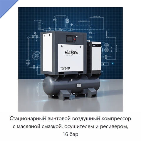 Стационарный винтовой воздушный компрессор с масляной смазкой, осушителем и ресивером, 16 бар