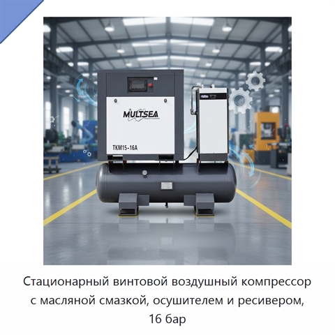 Стационарный винтовой воздушный компрессор с масляной смазкой, осушителем и ресивером, 16 бар