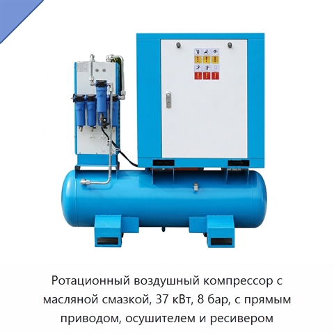 Ротационный воздушный компрессор с масляной смазкой, 37 кВт, 8 бар, с прямым приводом, осушителем и ресивером