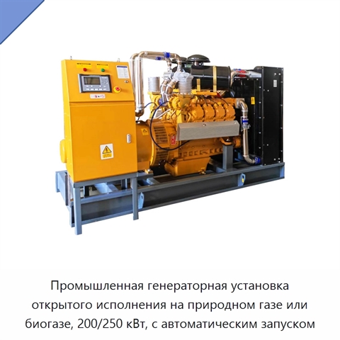 Промышленная генераторная установка открытого исполнения на природном газе или биогазе, 200/250 кВт, с автоматическим запуском