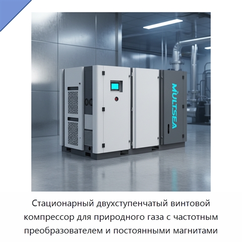 Стационарный двухступенчатый винтовой компрессор для природного газа с частотным преобразователем и постоянными магнитами