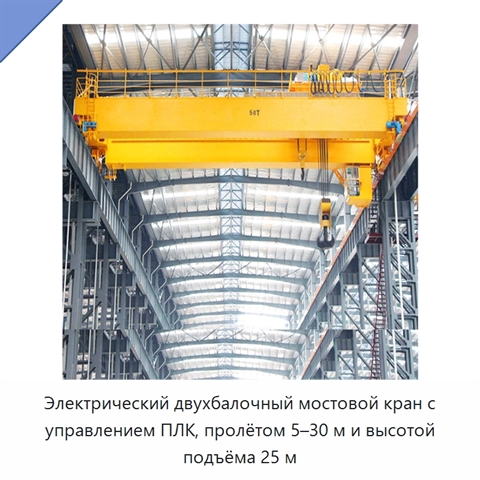 Электрический двухбалочный мостовой кран с управлением ПЛК, пролётом 5–30 м и высотой подъёма 25 м