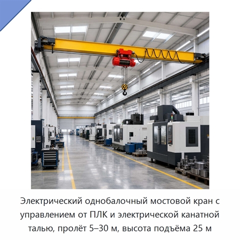 Электрический однобалочный мостовой кран с управлением от ПЛК и электрической канатной талью, пролёт 5–30 м, высота подъёма 25 м