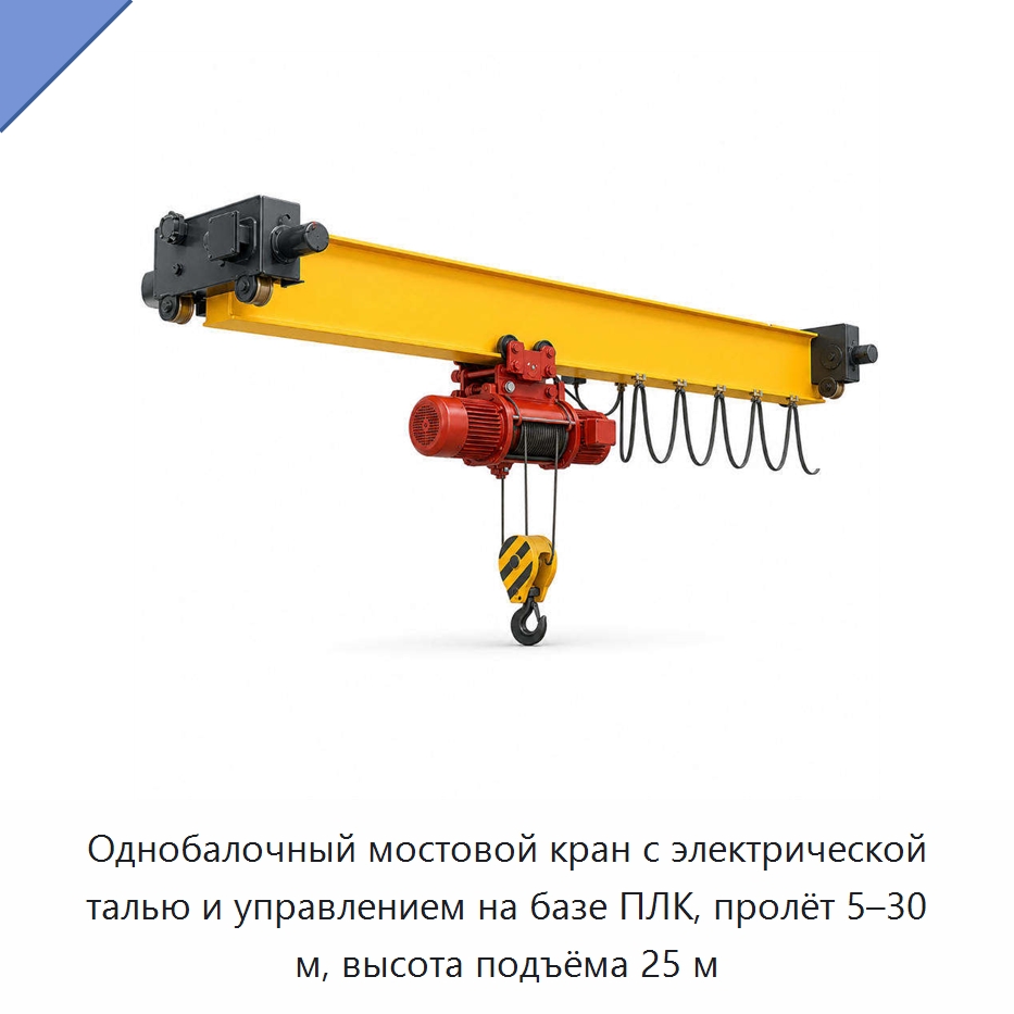 Однобалочный мостовой кран с электрической талью и управлением на базе ПЛК, пролёт 5–30 м, высота подъёма 25 м — Краны