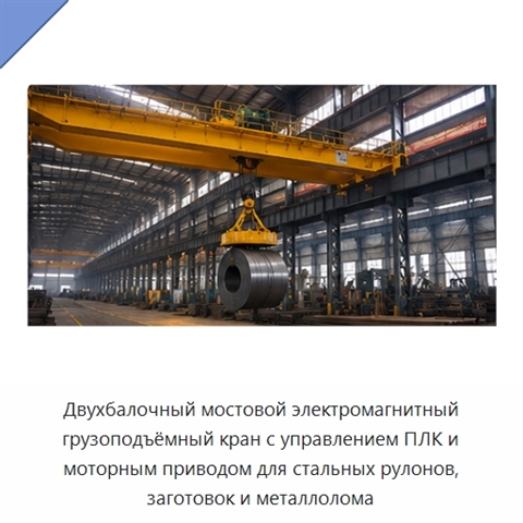 Двухбалочный мостовой электромагнитный грузоподъёмный кран с управлением ПЛК и моторным приводом для стальных рулонов, заготовок и металлолома