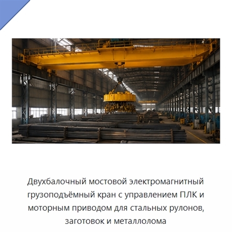Двухбалочный мостовой электромагнитный грузоподъёмный кран с управлением ПЛК и моторным приводом для стальных рулонов, заготовок и металлолома