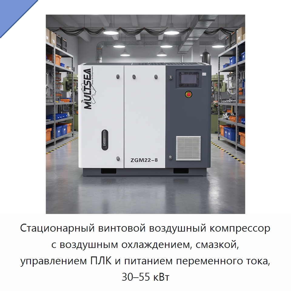 Стационарный винтовой воздушный компрессор с воздушным охлаждением, смазкой, управлением ПЛК и питанием переменного тока, 30–55 кВт — Промышленные компрессоры