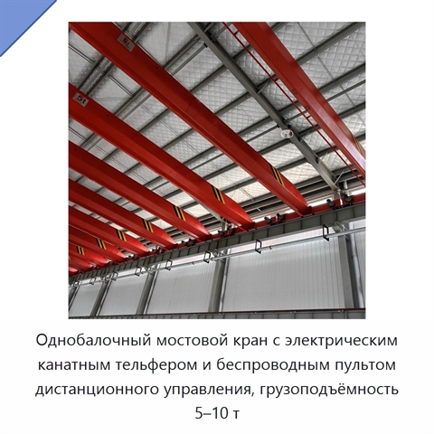 Однобалочный мостовой кран с электрическим канатным тельфером и беспроводным пультом дистанционного управления, грузоподъёмность 5–10 т